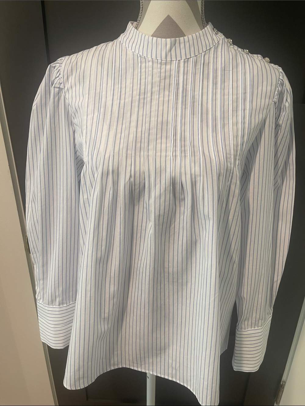 Zara Striped Pleated Cotton Rhinestone Mock Neck Blouse Size S